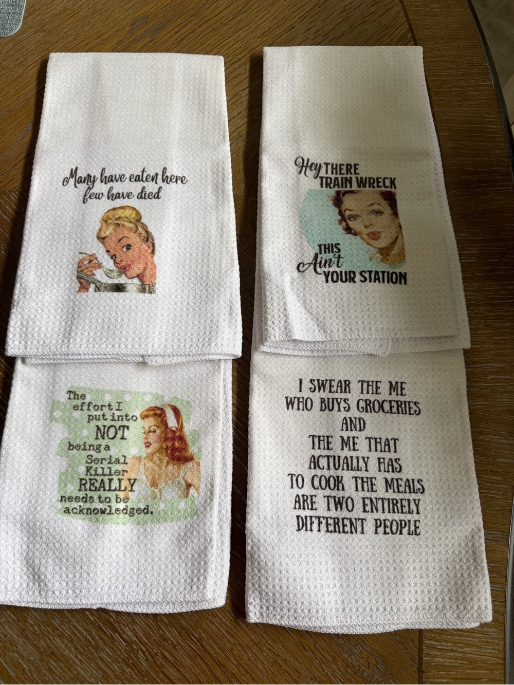 White Novelty Kitchen Towels with Retro Prints